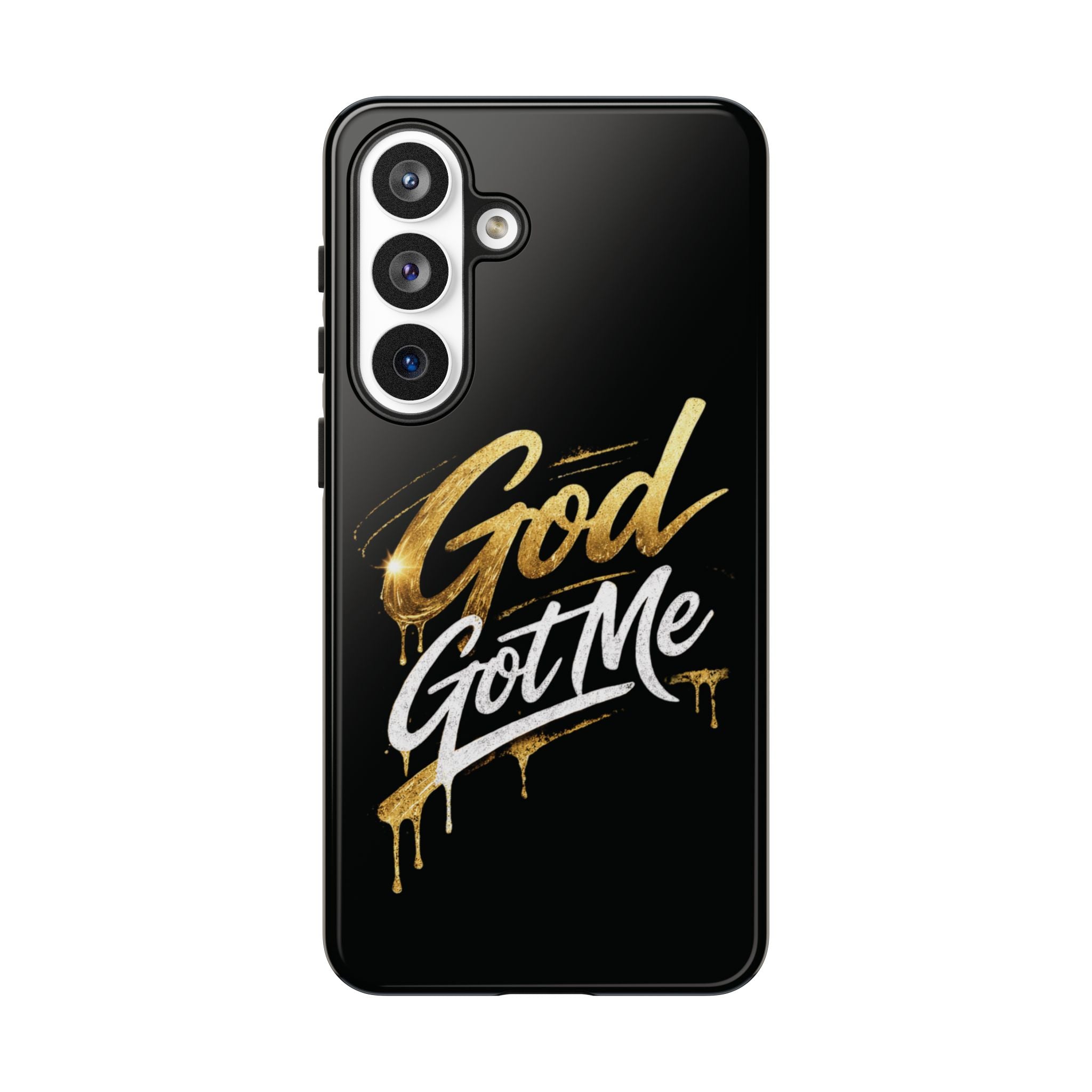 God Got Me phone case | Script gold drip typography on black