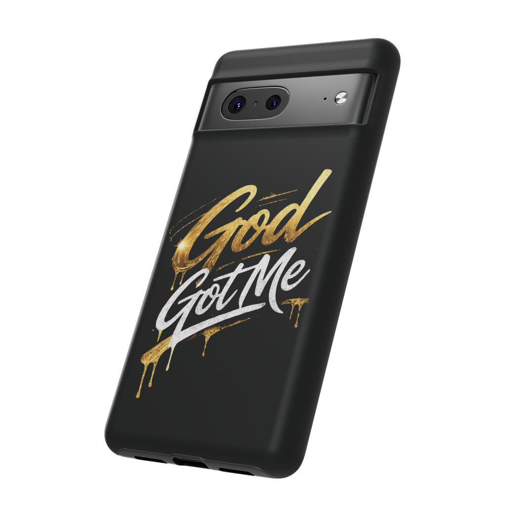 God Got Me phone case | Script gold drip typography on black