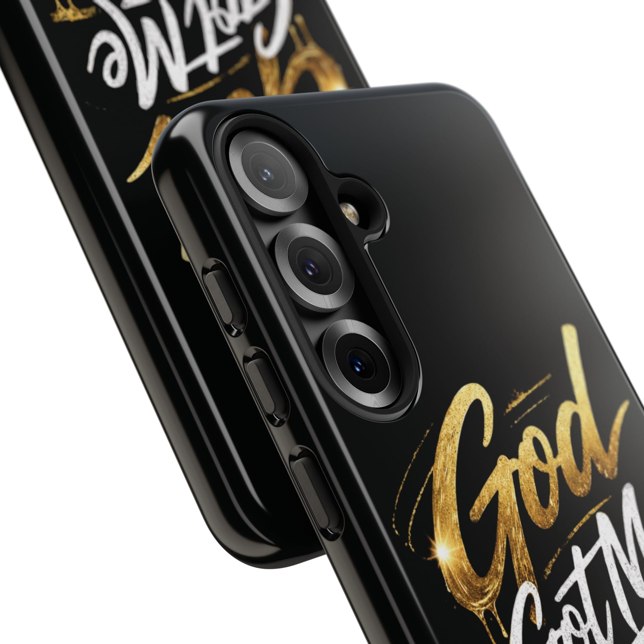 God Got Me phone case | Script gold drip typography on black
