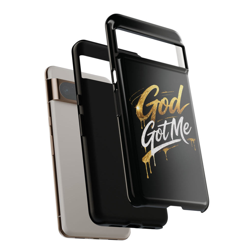God Got Me phone case | Script gold drip typography on black