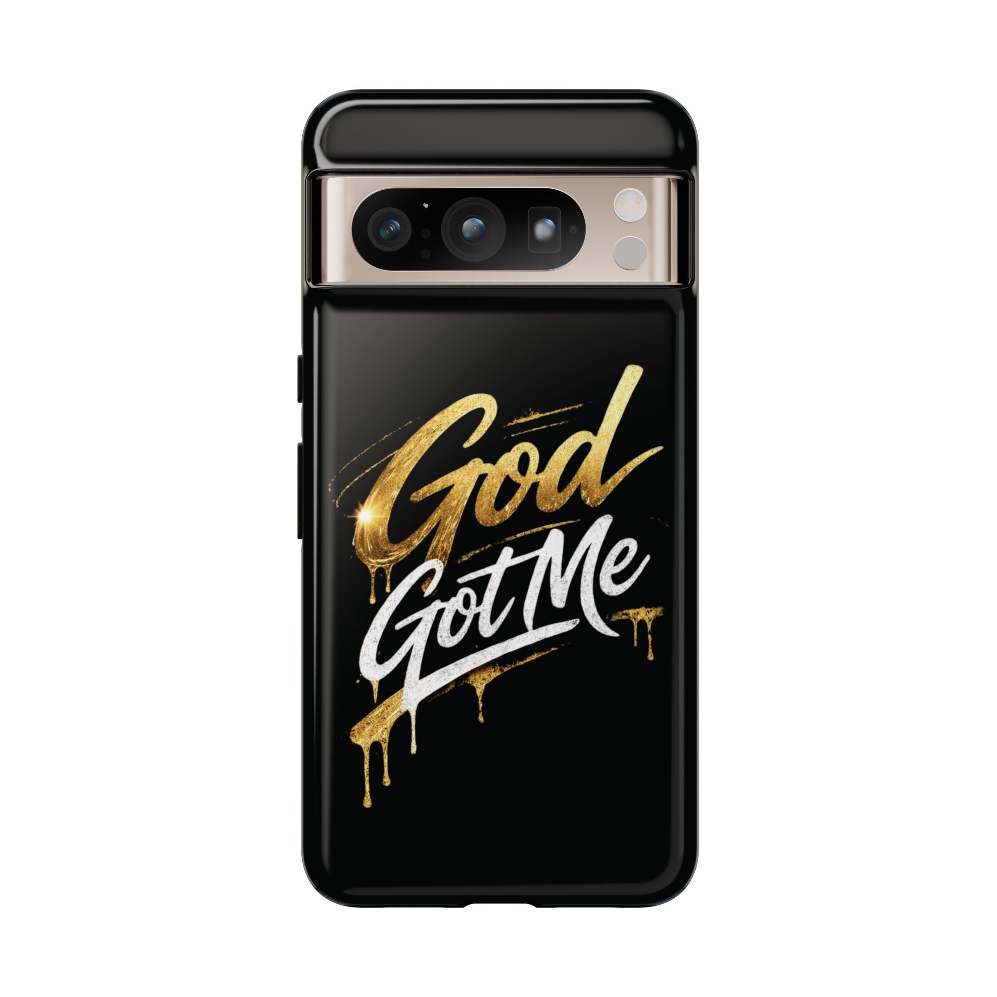 God Got Me phone case | Script gold drip typography on black