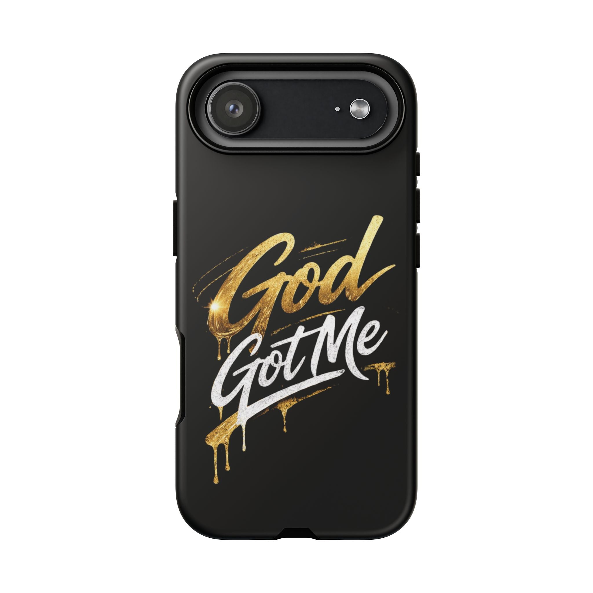 God Got Me phone case | Script gold drip typography on black