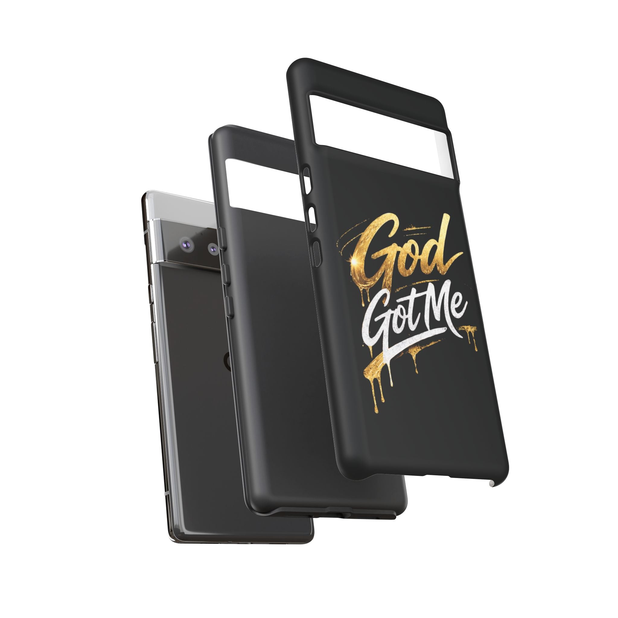 God Got Me phone case | Script gold drip typography on black