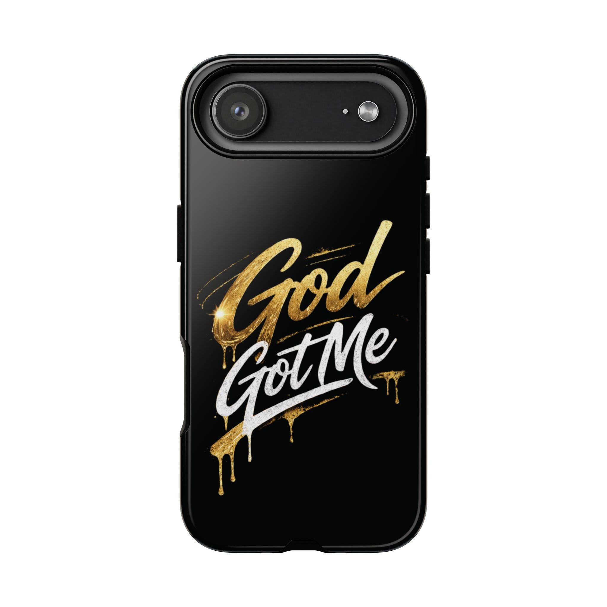 God Got Me phone case | Script gold drip typography on black