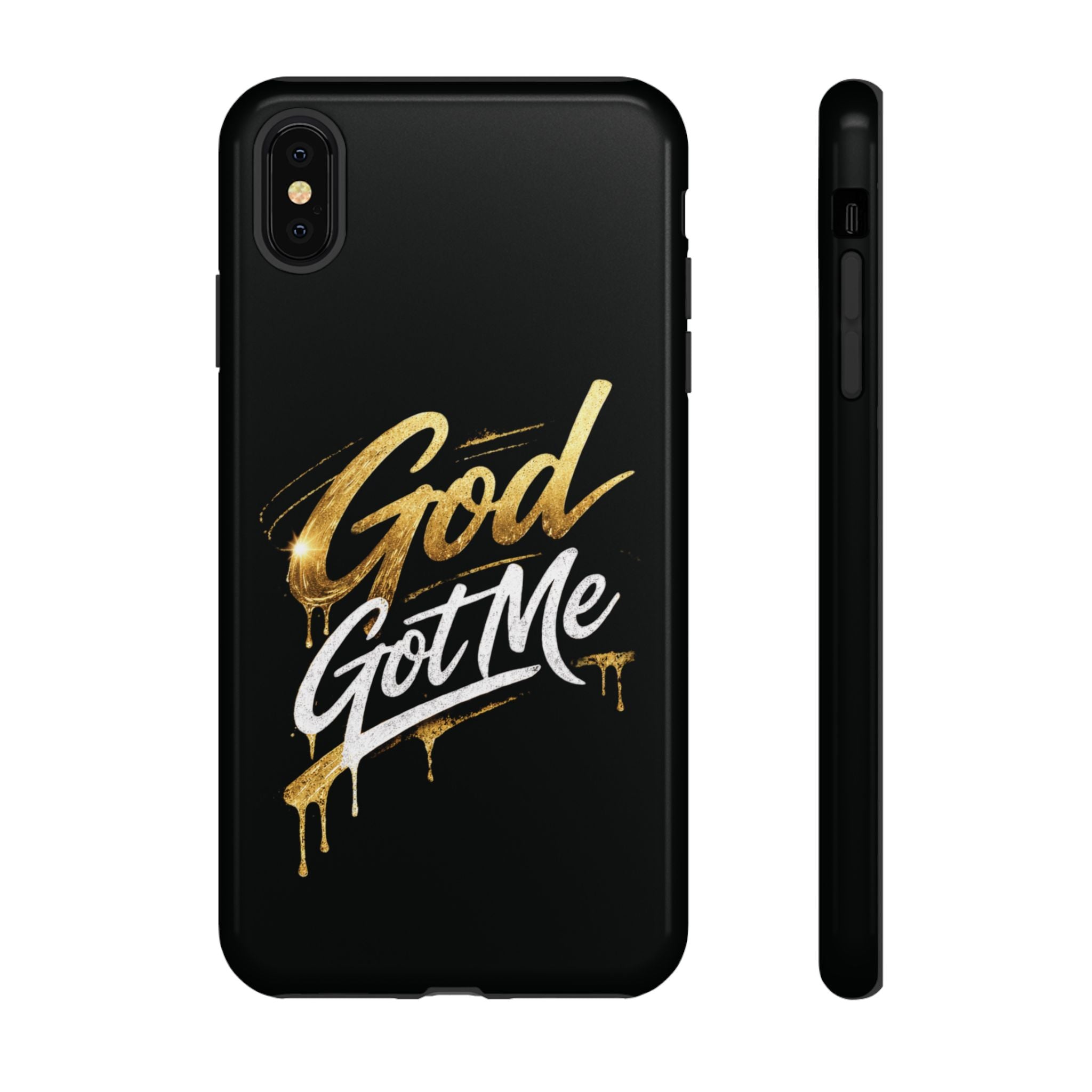 God Got Me phone case | Script gold drip typography on black
