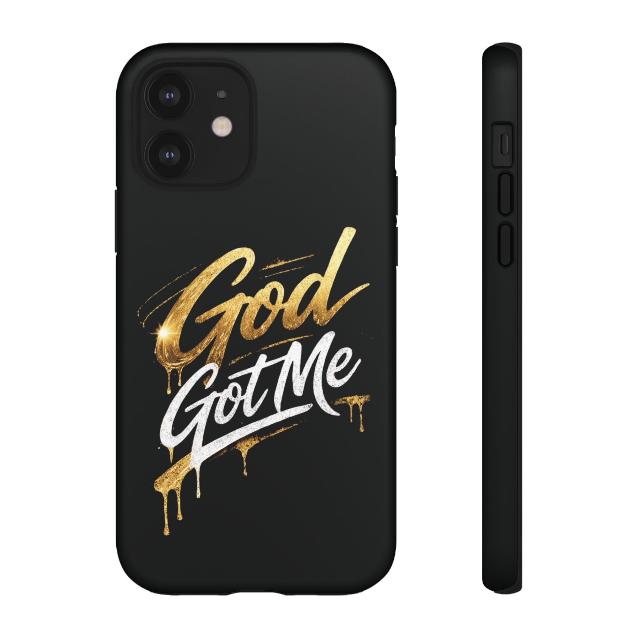 God Got Me phone case | Script gold drip typography on black