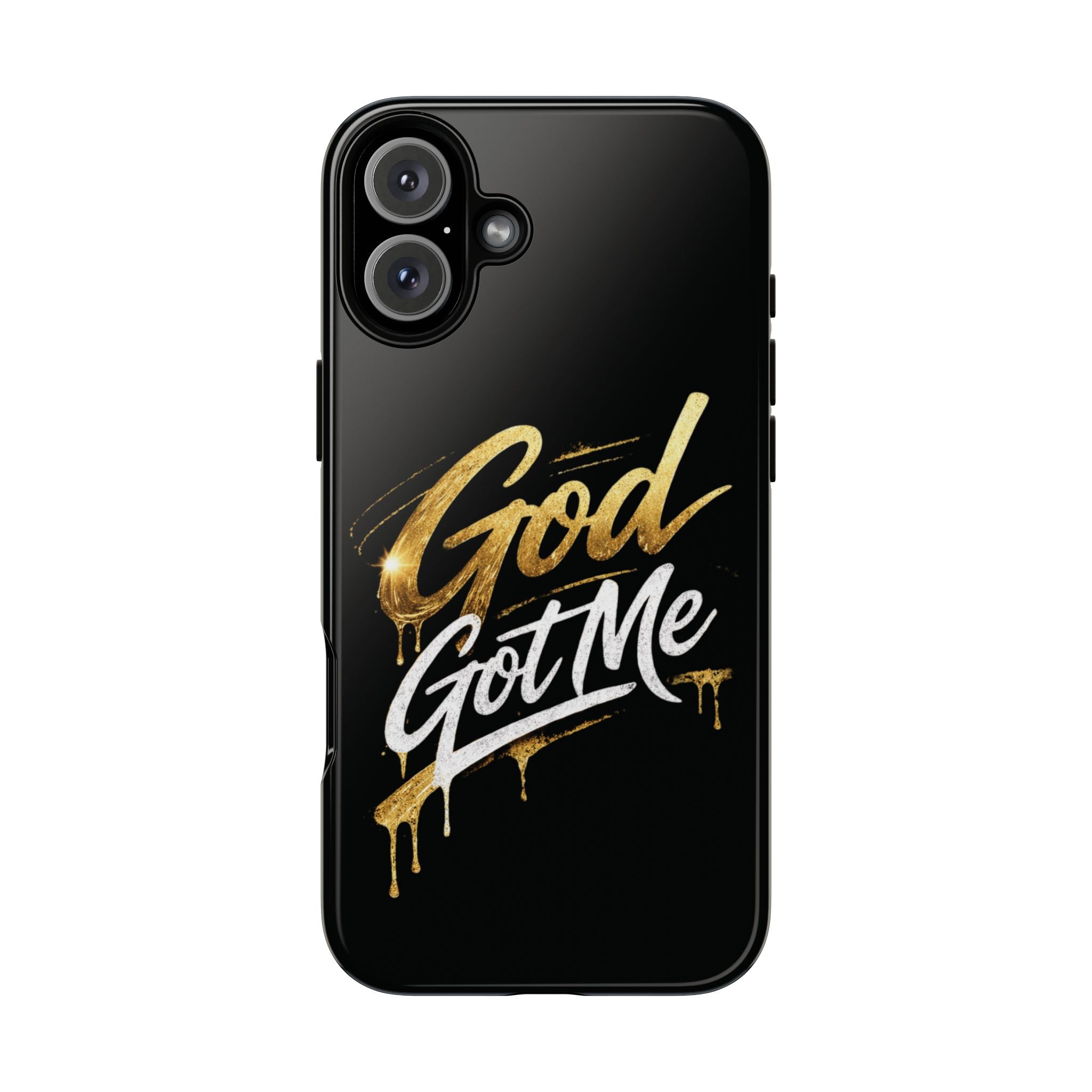 God Got Me phone case | Script gold drip typography on black