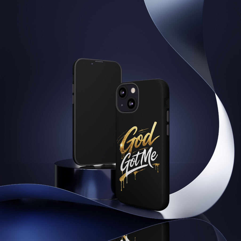 God Got Me phone case | Script gold drip typography on black