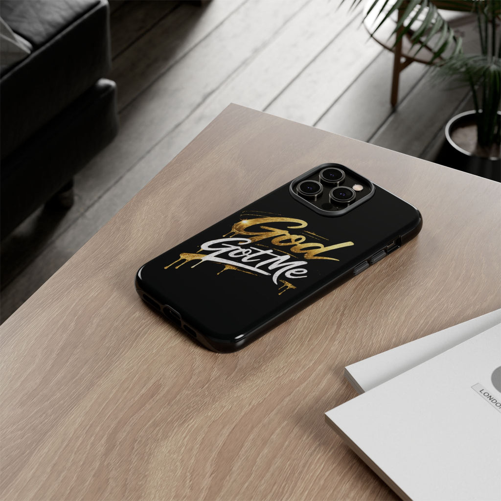 God Got Me phone case | Script gold drip typography on black