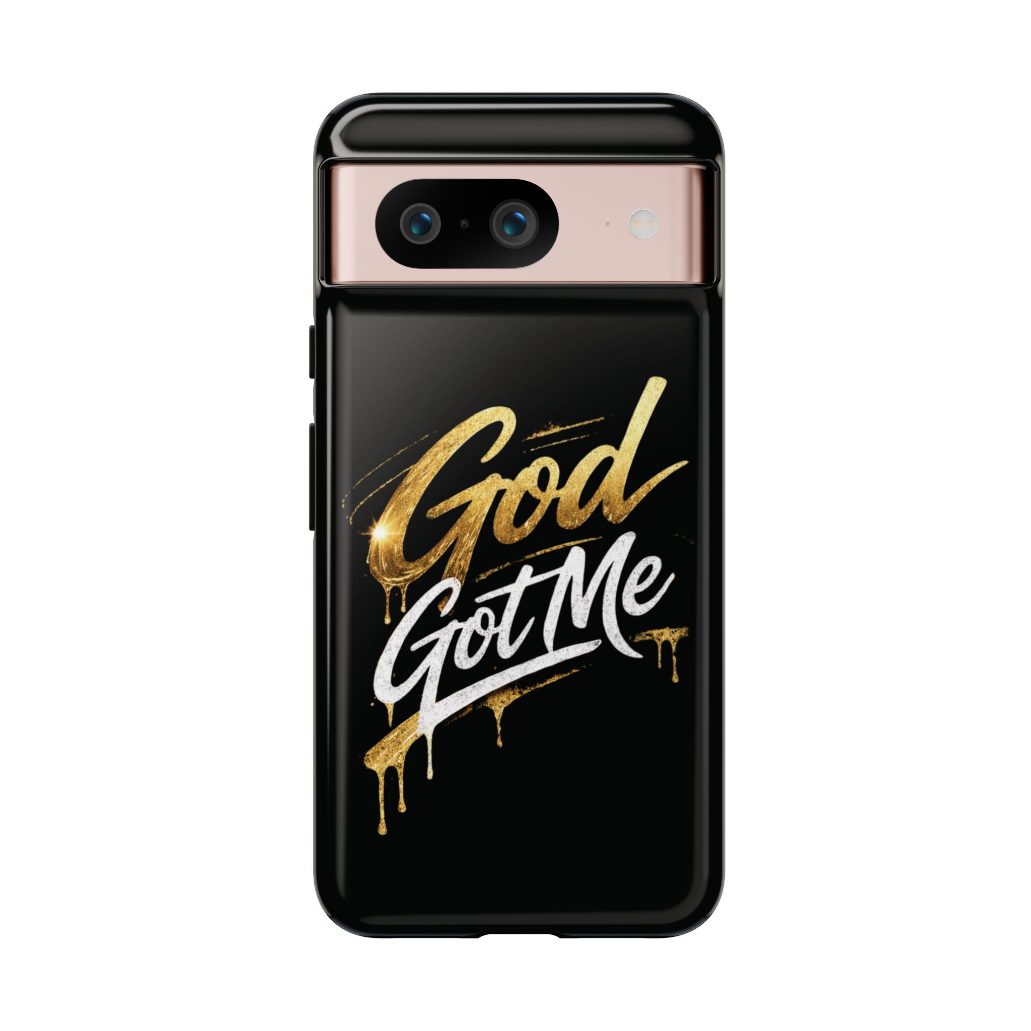 God Got Me phone case | Script gold drip typography on black