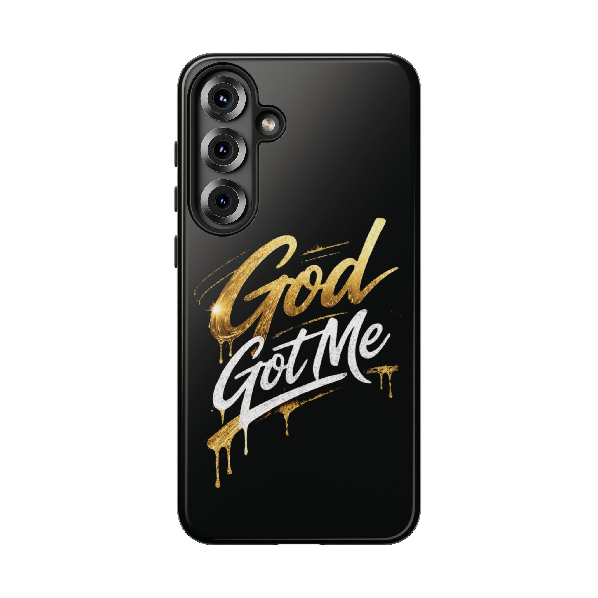God Got Me phone case | Script gold drip typography on black