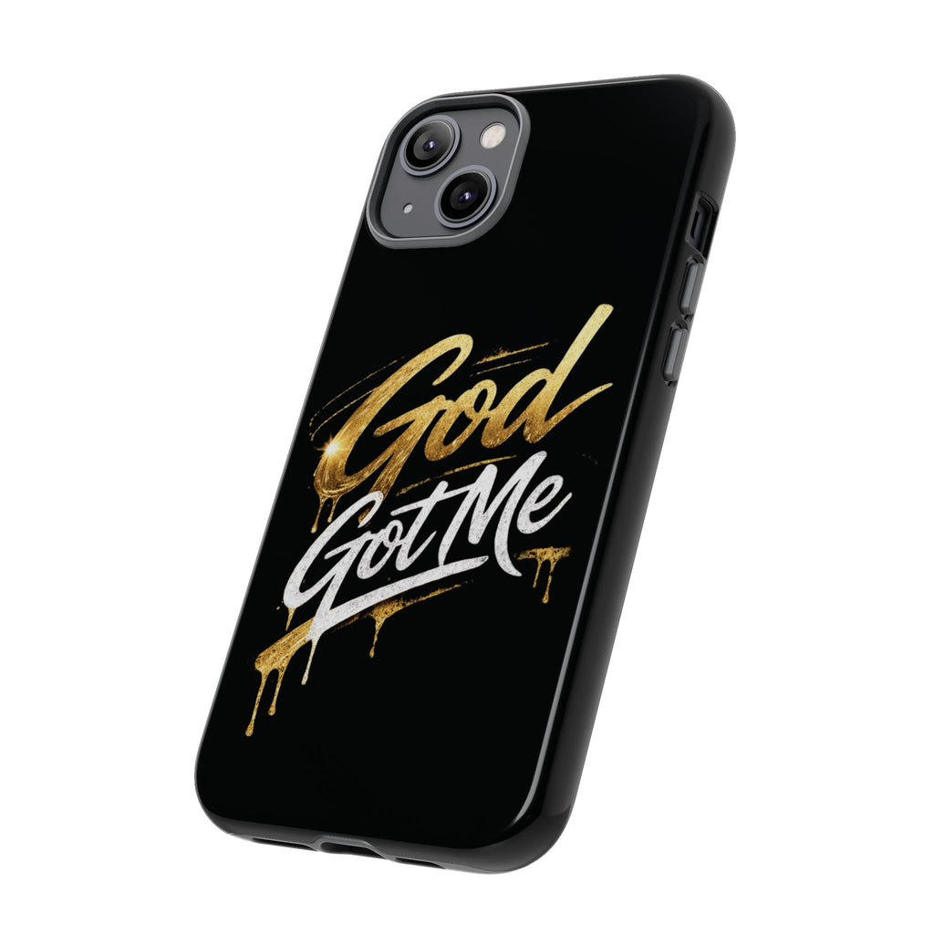 God Got Me phone case | Script gold drip typography on black