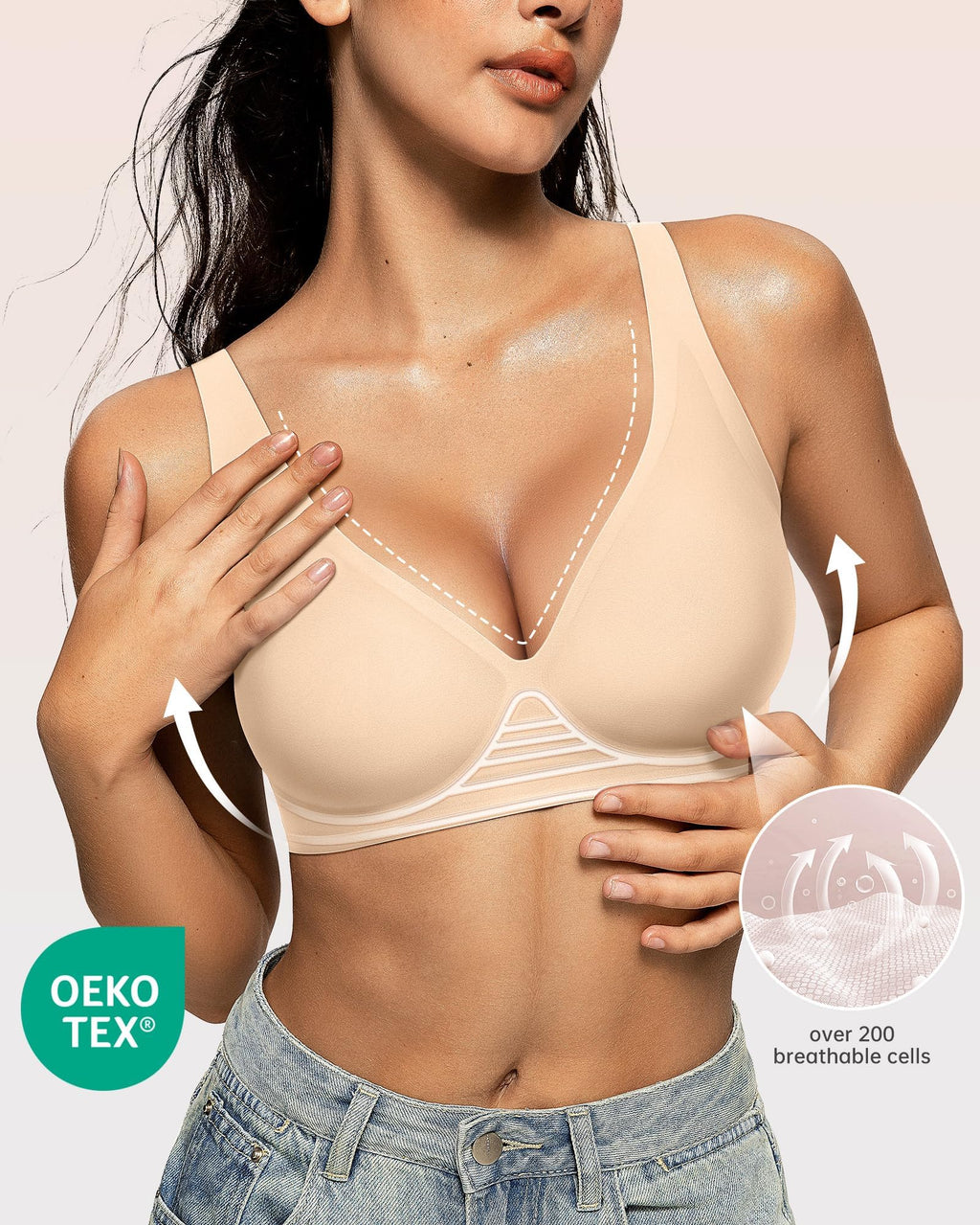 OEAK Womens Deep V Bras Wireless Comfortable Bra Supportive No Underwire Bras Tshirt Push Up Bralettes Plunge Seamless Bra
