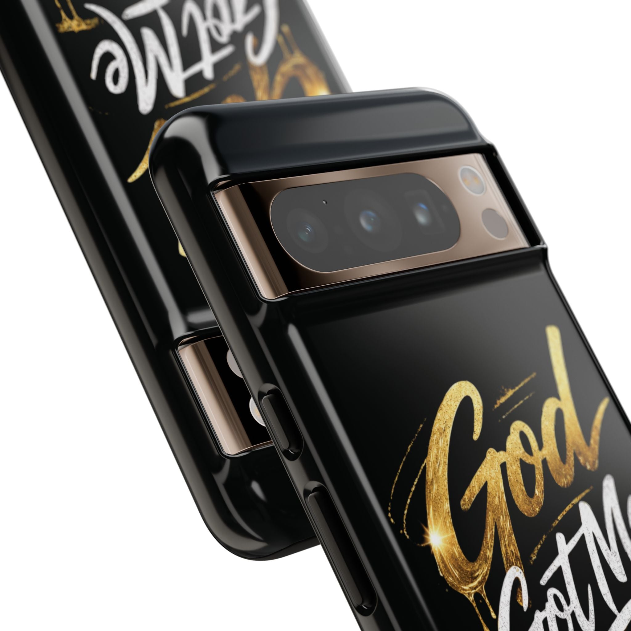 God Got Me phone case | Script gold drip typography on black