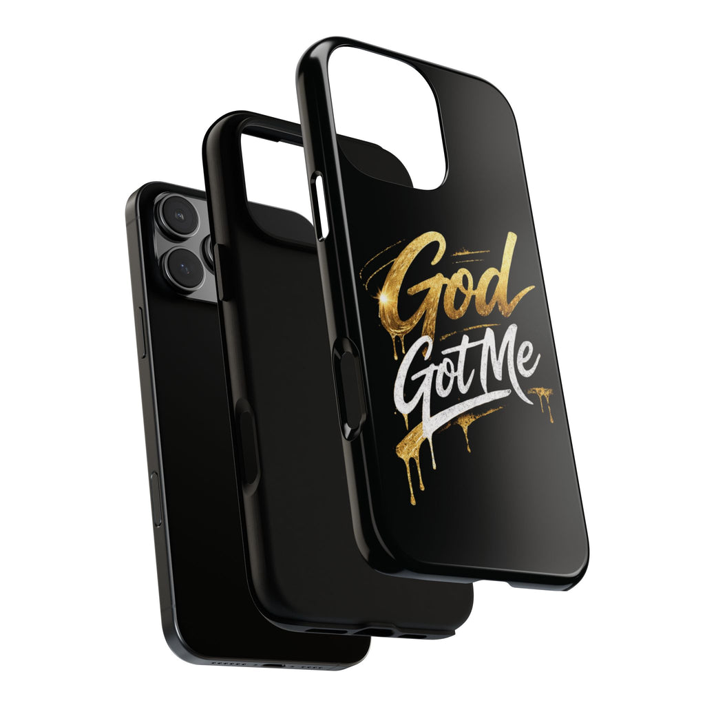 God Got Me phone case | Script gold drip typography on black
