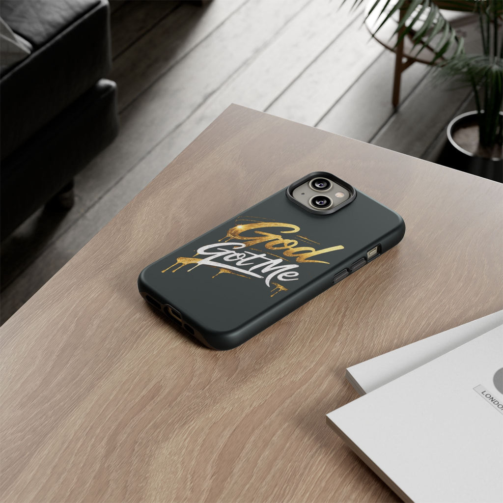 God Got Me phone case | Script gold drip typography on black