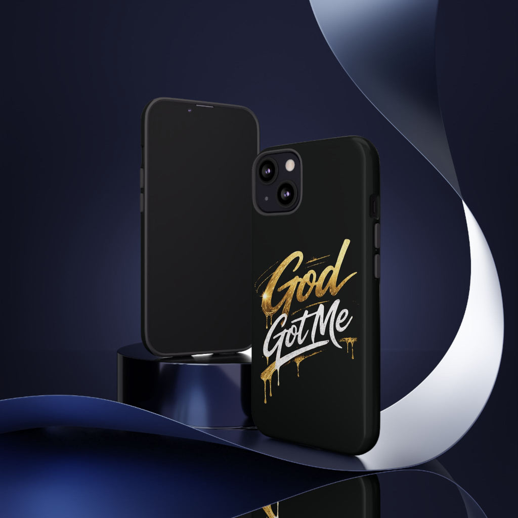 God Got Me phone case | Script gold drip typography on black
