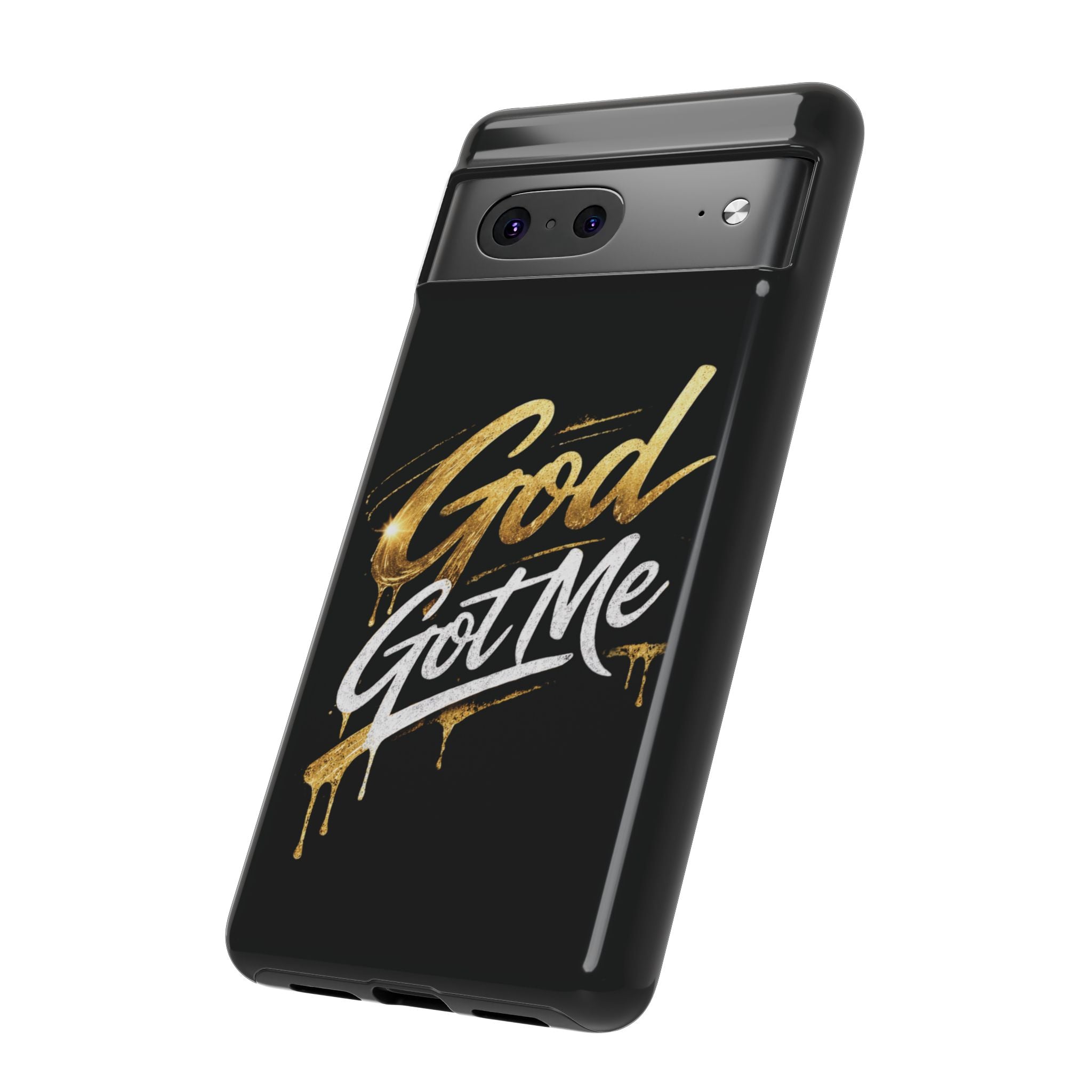 God Got Me phone case | Script gold drip typography on black