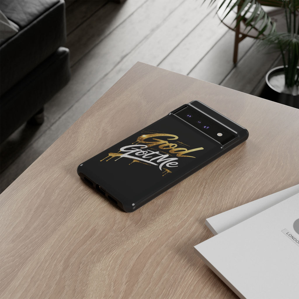 God Got Me phone case | Script gold drip typography on black