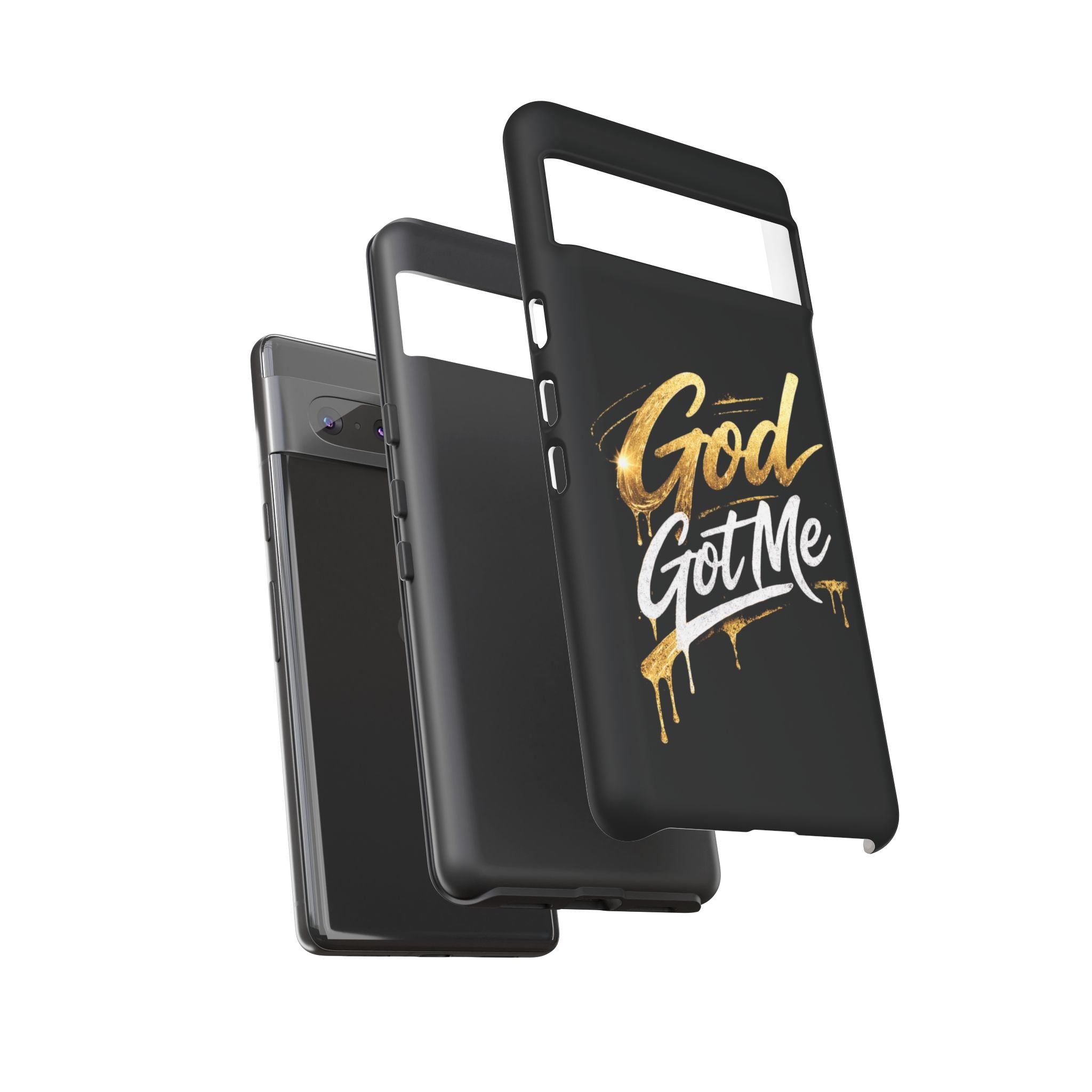 God Got Me phone case | Script gold drip typography on black